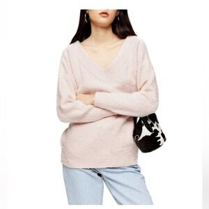 Topshop NWT Oversized Fuzzy Soft Light Baby Pink Wide V-Neck Sweater L